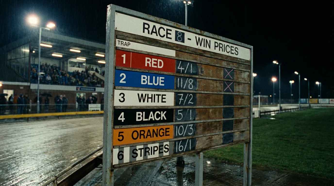 Greyhound racing odds board at a UK stadium showing price comparison for a race