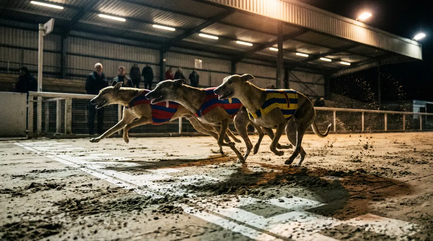 Greyhound race finish with dogs crossing the line showing win and place positions