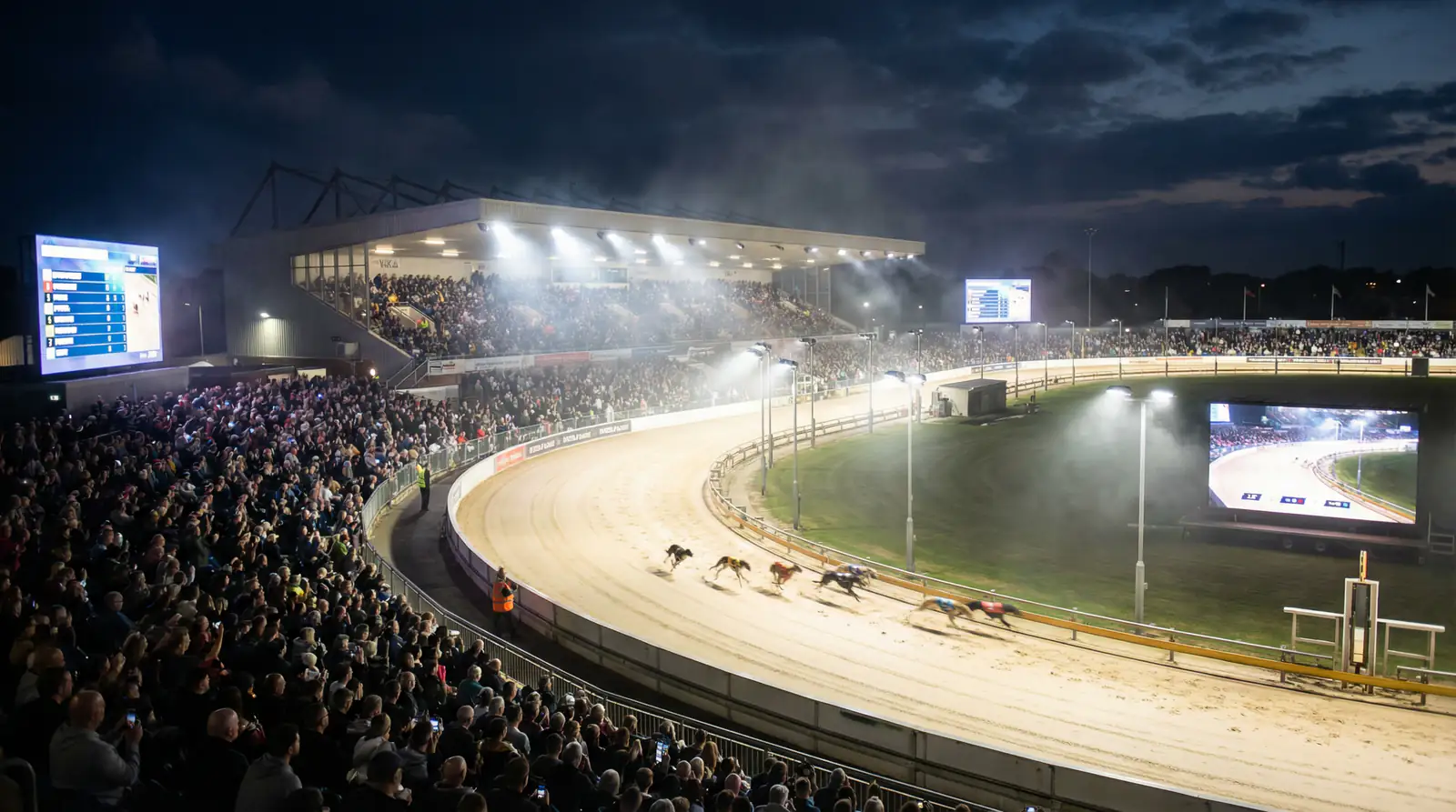 English Greyhound Derby final night at a packed UK stadium with floodlights and packed stands
