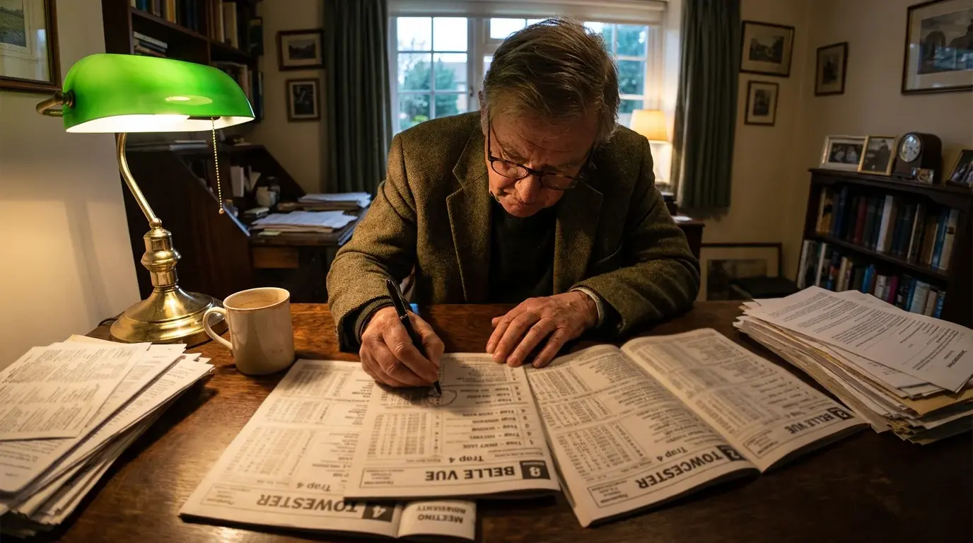 Punter marking multiple greyhound selections on a racecard at a UK betting counter