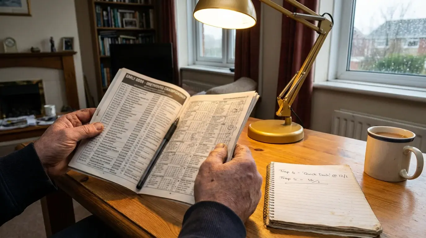 Punter studying early greyhound competition odds on a printed programme weeks before an event