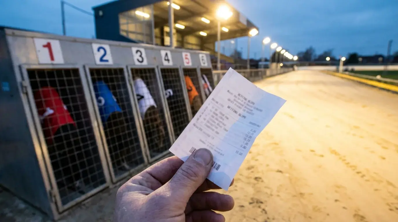 Punter holding a betting slip at a greyhound racing track with dogs in traps behind