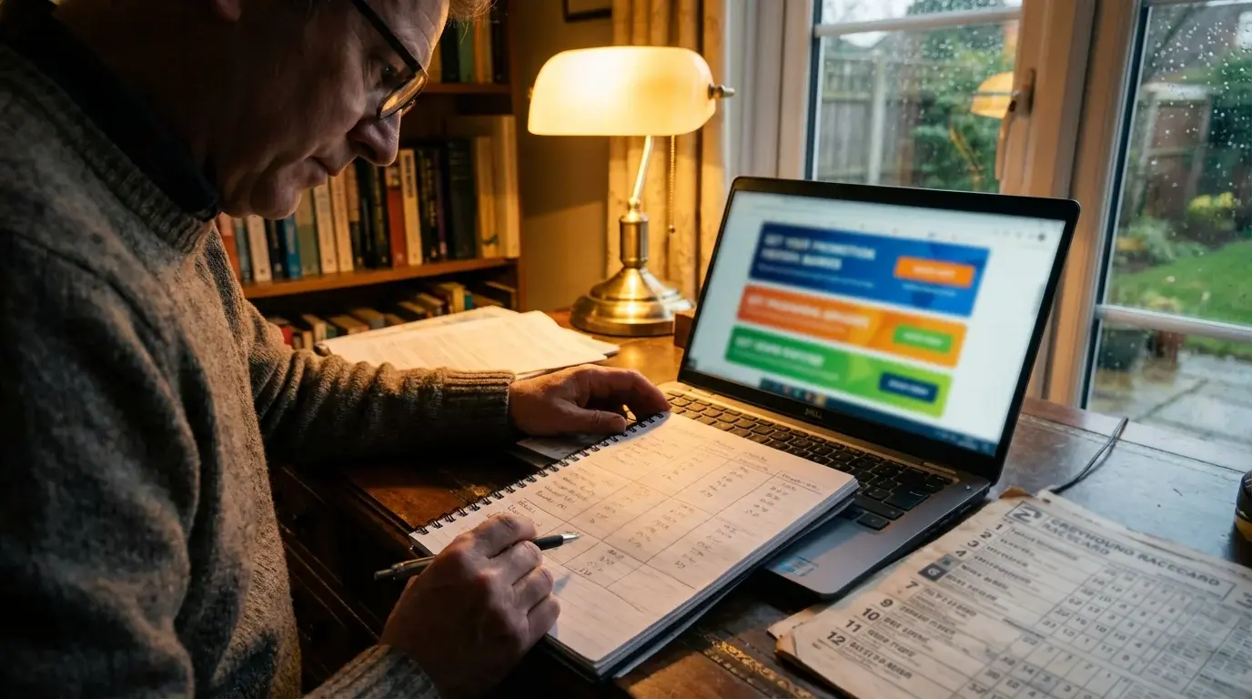 Punter browsing greyhound betting offers on a laptop with a racecard beside the screen