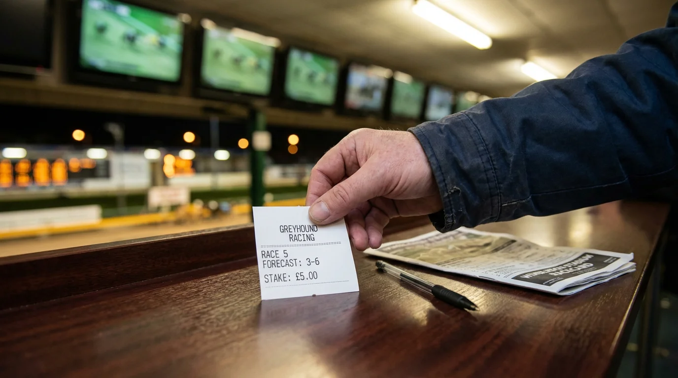 A punter studying a printed greyhound bet slip at a betting counter