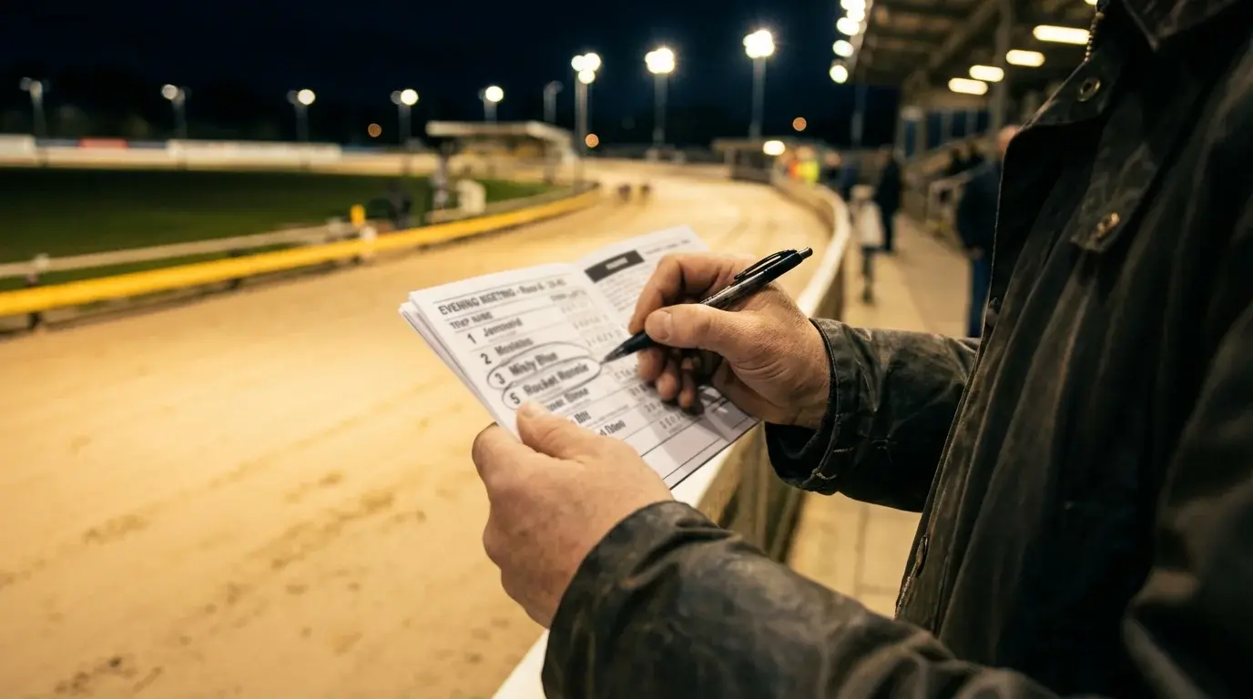 Punter studying a greyhound racecard before placing a forecast bet at a UK track