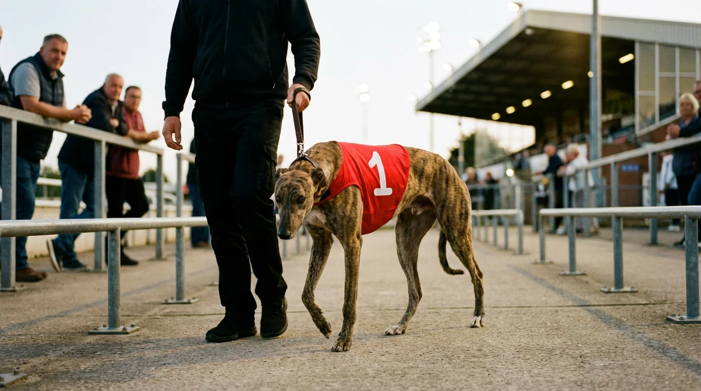 A greyhound being paraded in the paddock before a race, handler walking alongside on a sand track