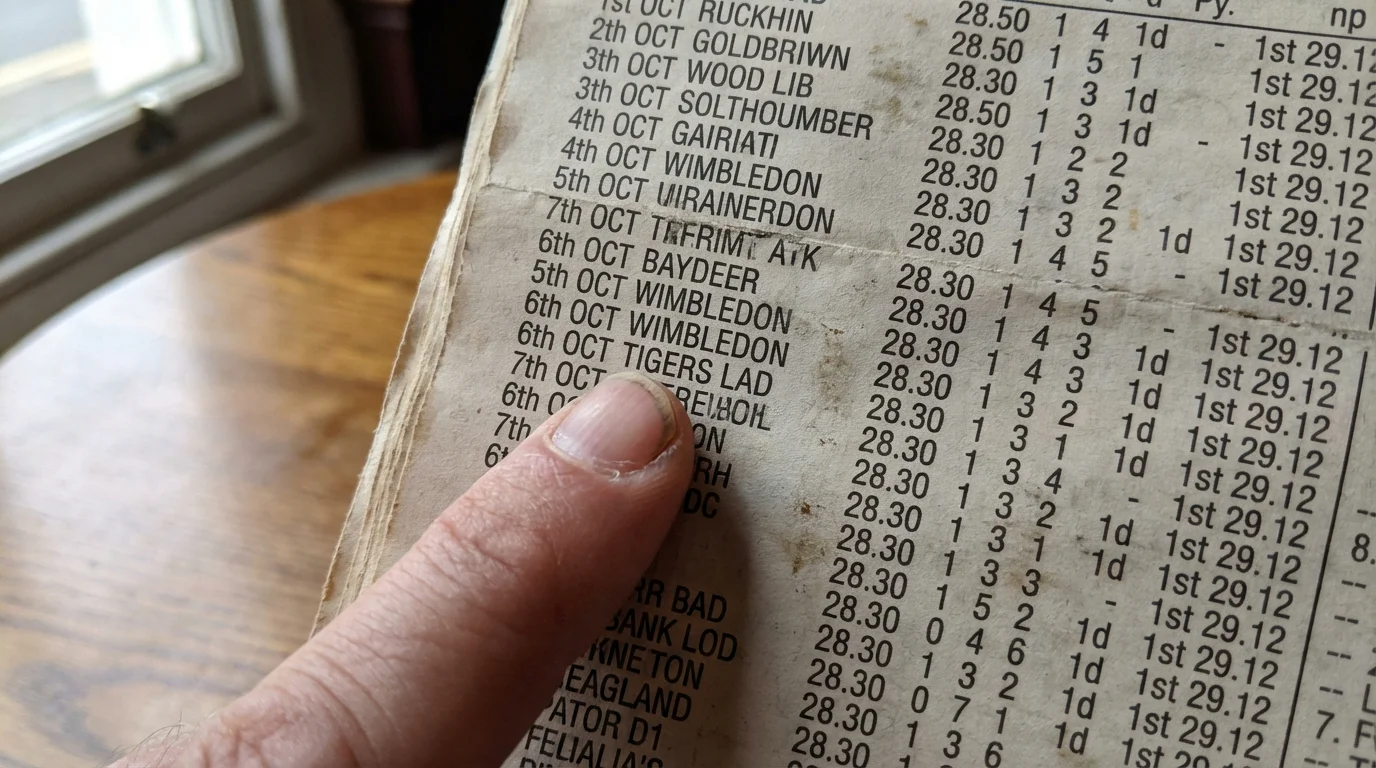 Close-up of a greyhound racecard showing form figures with position numbers and running comments