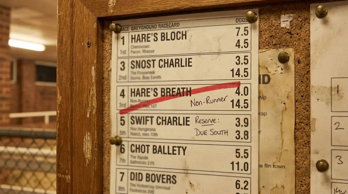 Greyhound racecard with a non-runner marked and reserve dog entry highlighted at a UK meeting