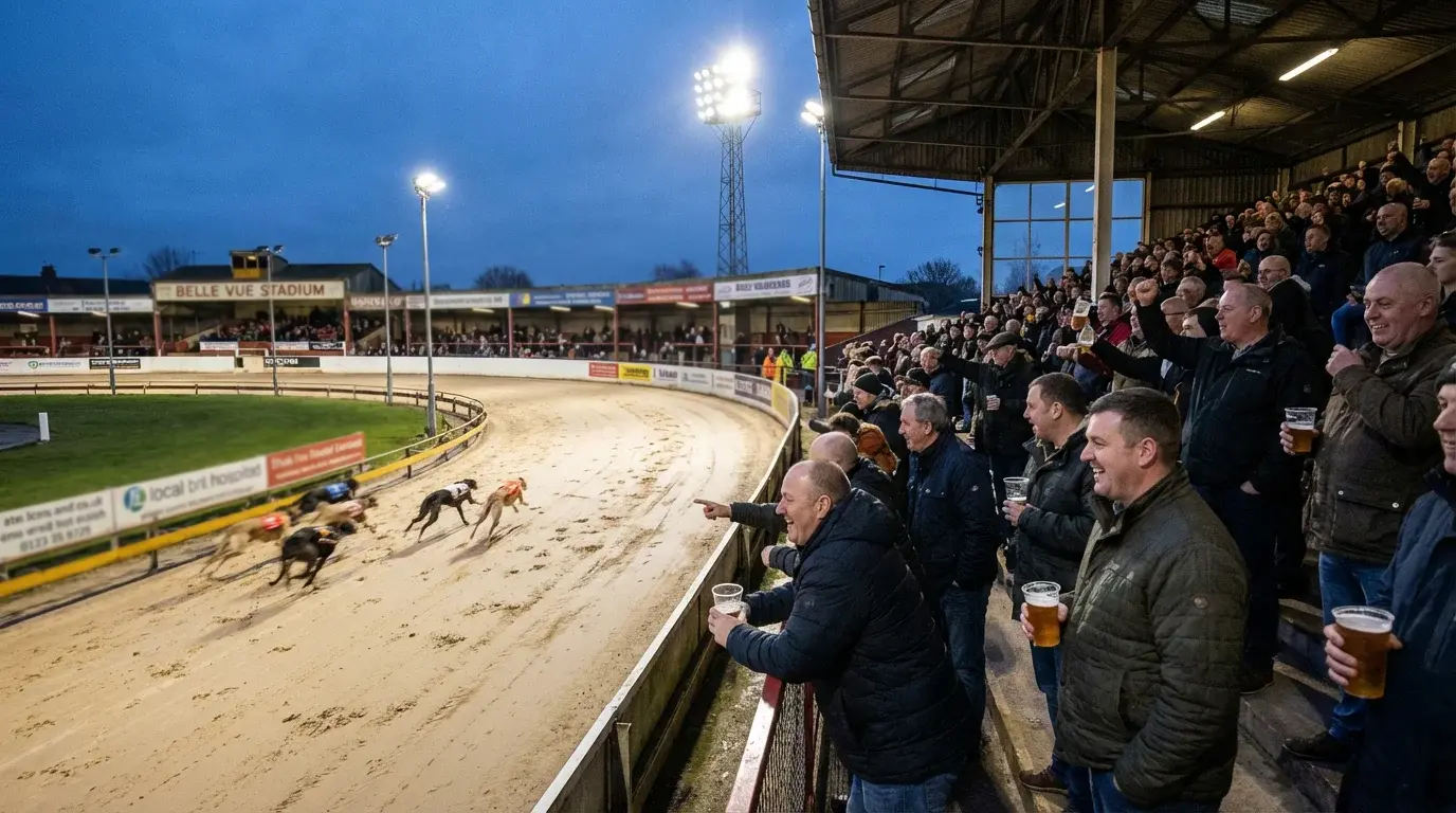 Crowd enjoying a greyhound race night at a UK stadium under floodlights