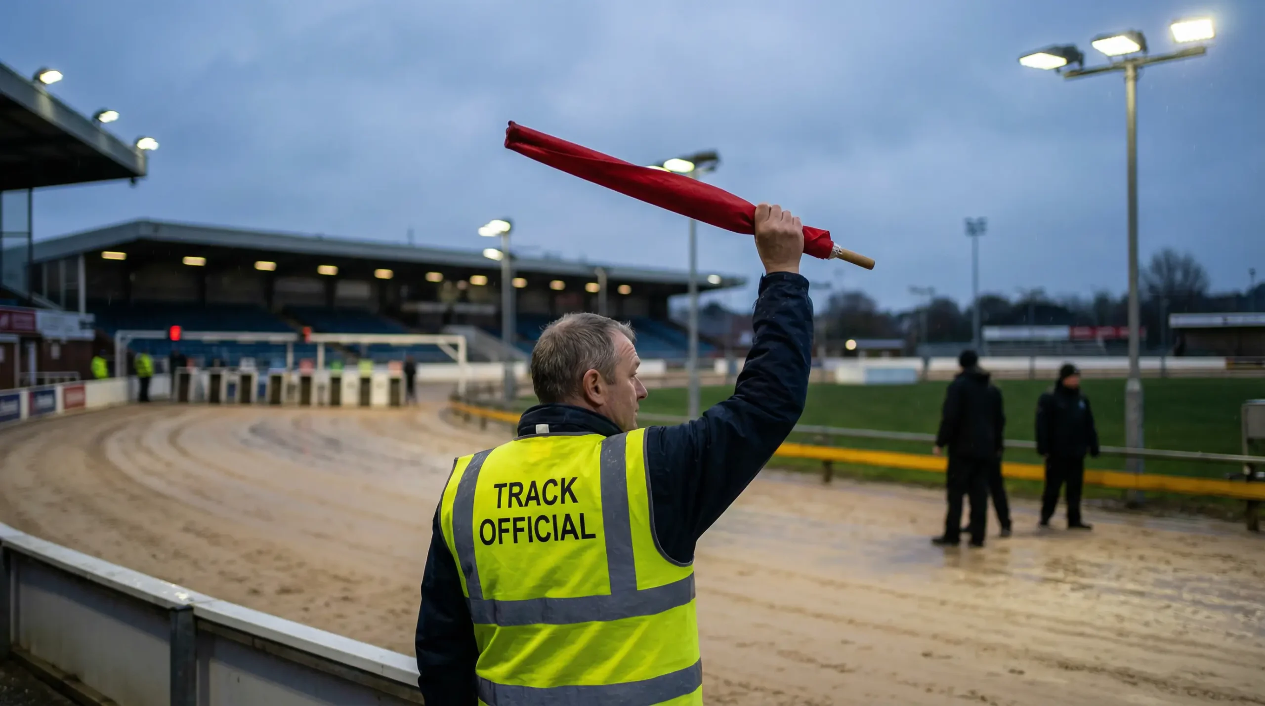 Steward holding a flag at a UK greyhound track signalling a race incident