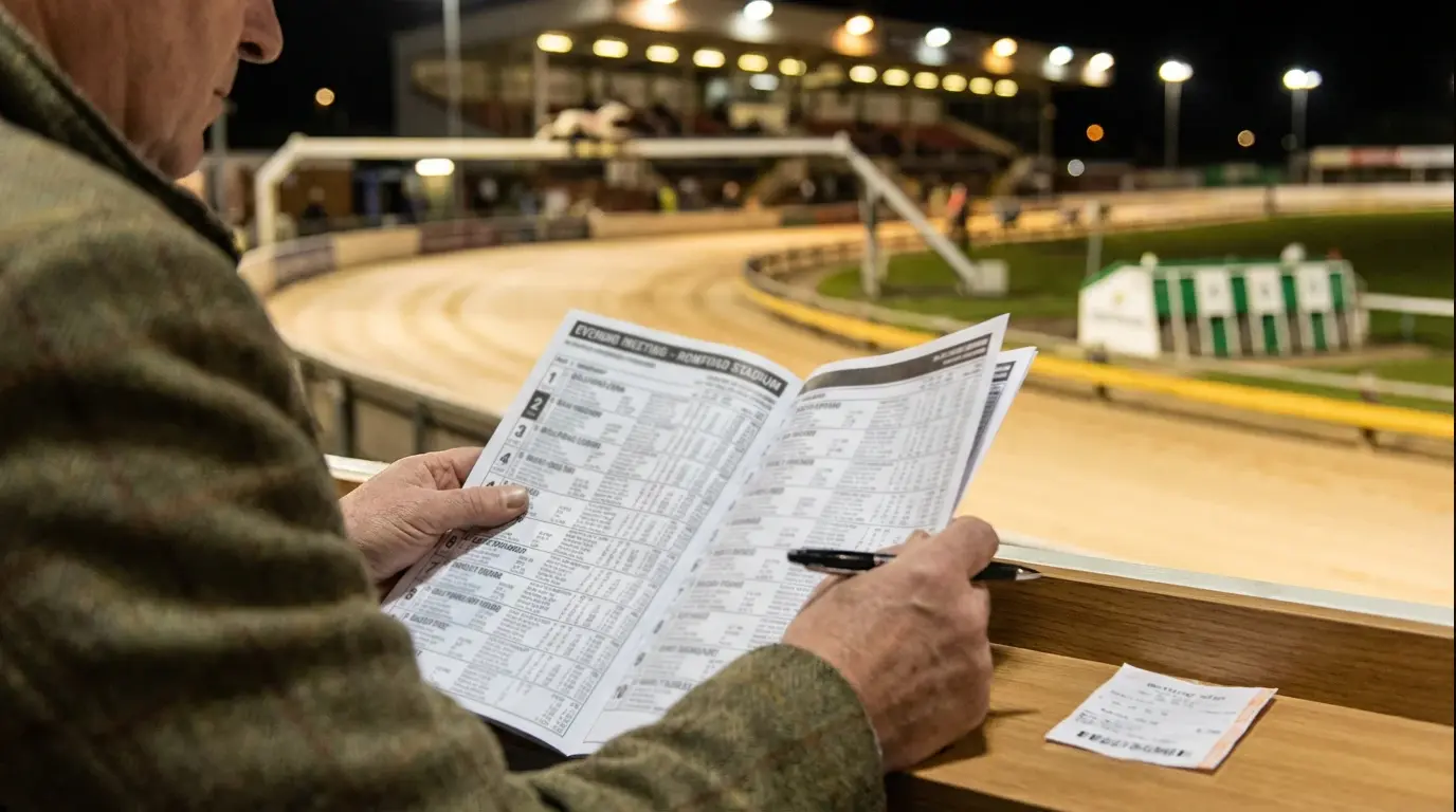 Close-up of a greyhound racecard showing form figures, trap numbers, and sectional times