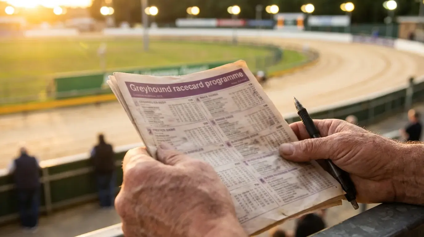 Greyhound racecard with form figures and trap statistics on a desk at the track