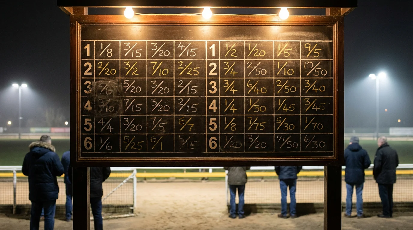 Bookmaker odds board showing greyhound racing prices at a UK track on race night