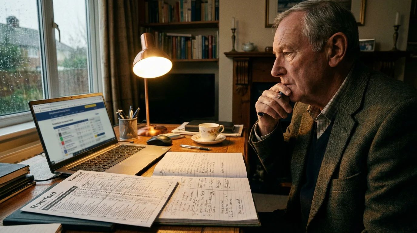 Person reviewing greyhound racing tips and analysis notes beside a racecard on a desk