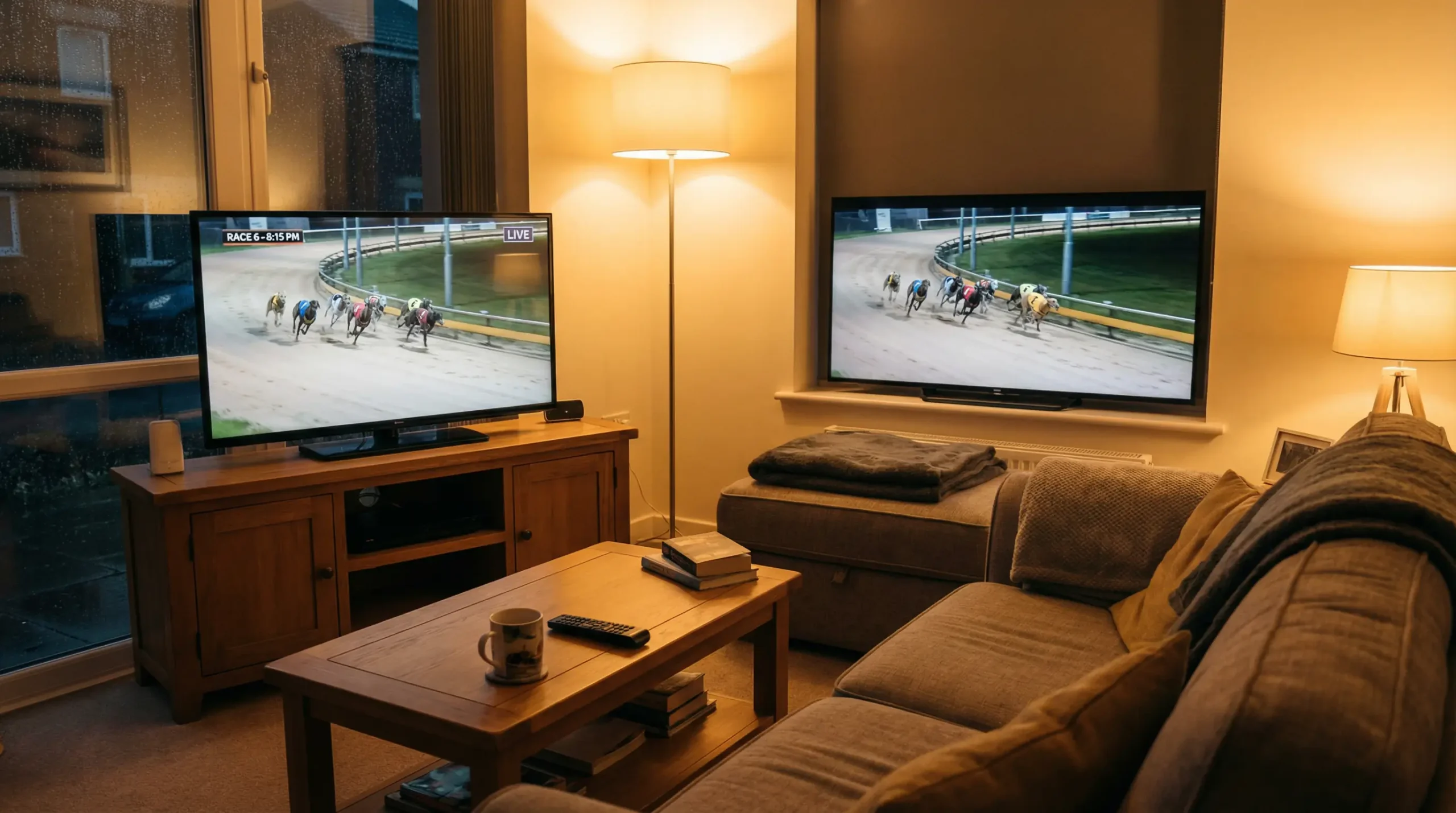 Television screen showing live RPGTV greyhound racing broadcast in a UK living room