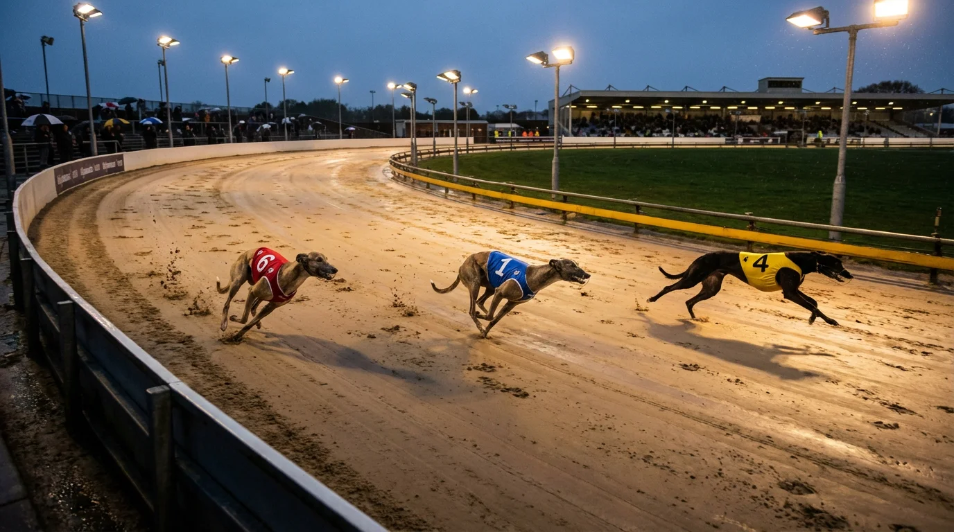 Greyhounds racing around a bend showing different running lines on a sand track