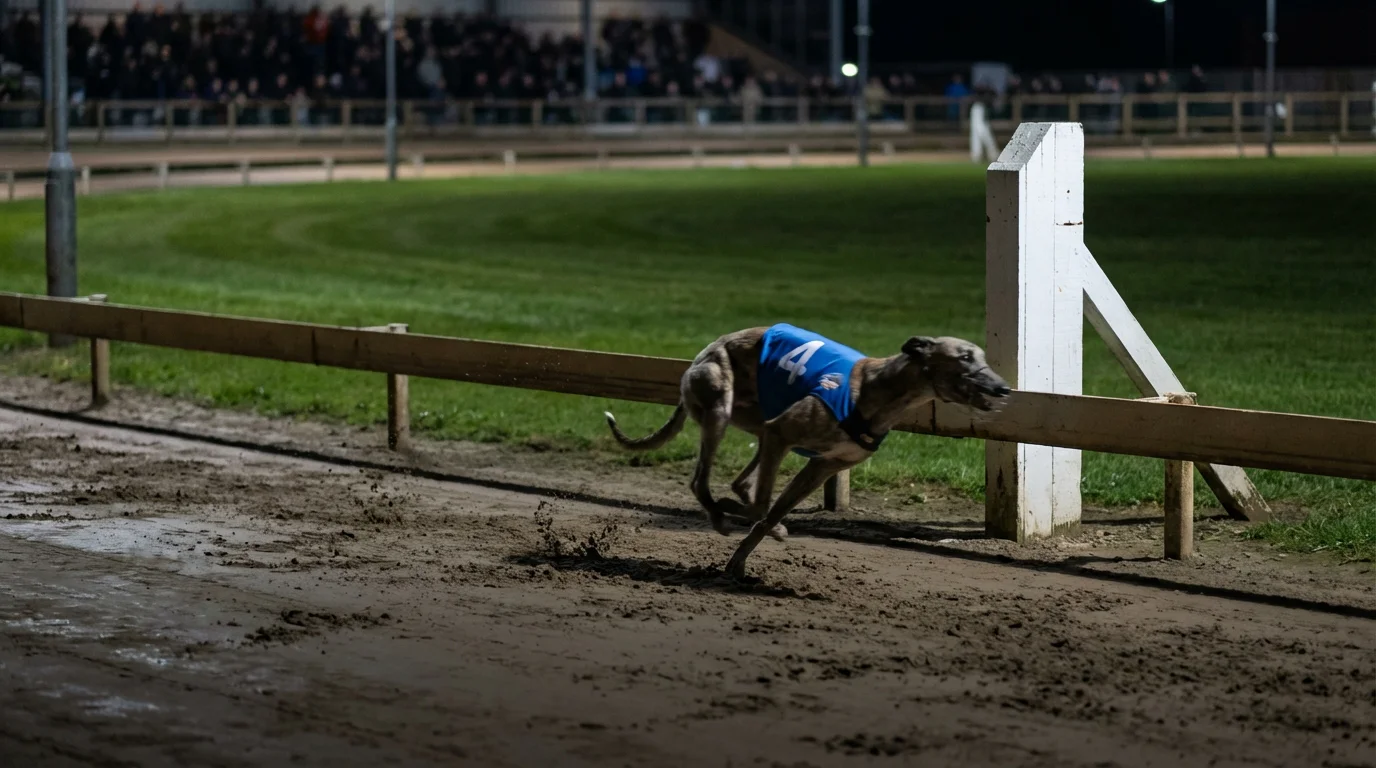 Greyhound racing past a timing marker on a sand track showing sectional split point