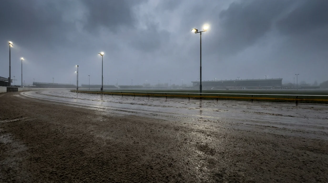 Greyhound racing sand track in wet conditions with visible surface moisture under floodlights