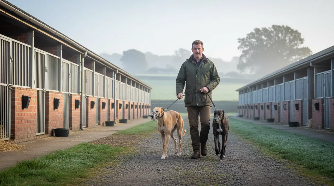 Greyhound trainer walking racing dogs at a UK kennel yard