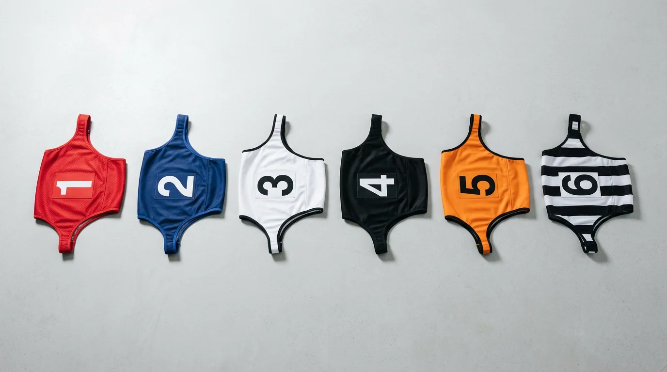 Six greyhound racing jackets in trap colours laid out: red, blue, white, black, orange, and striped