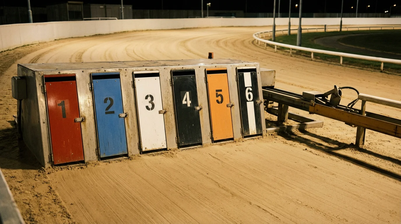 Six greyhound starting traps with coloured lids — red, blue, white, black, orange, and striped — on a sand track