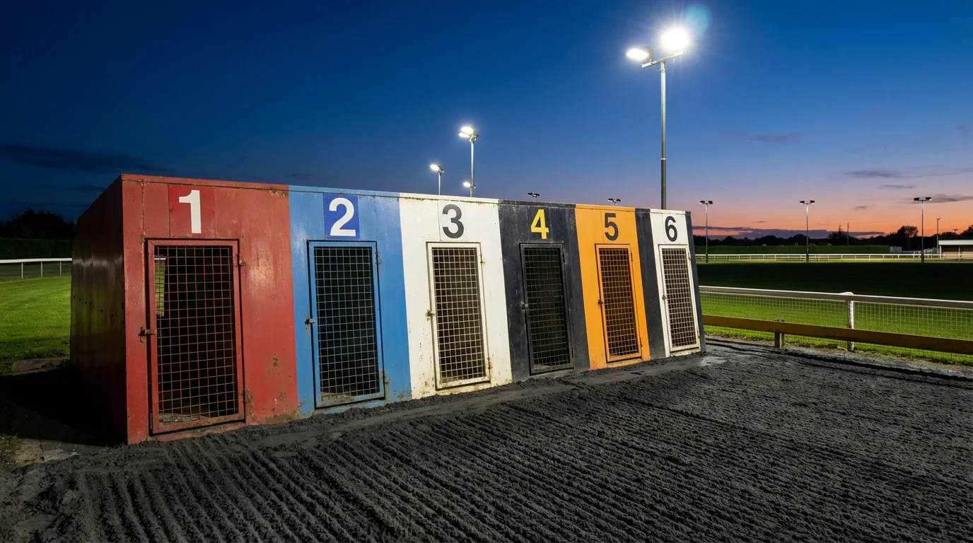 Six greyhound racing traps numbered one through six at a UK stadium before a race