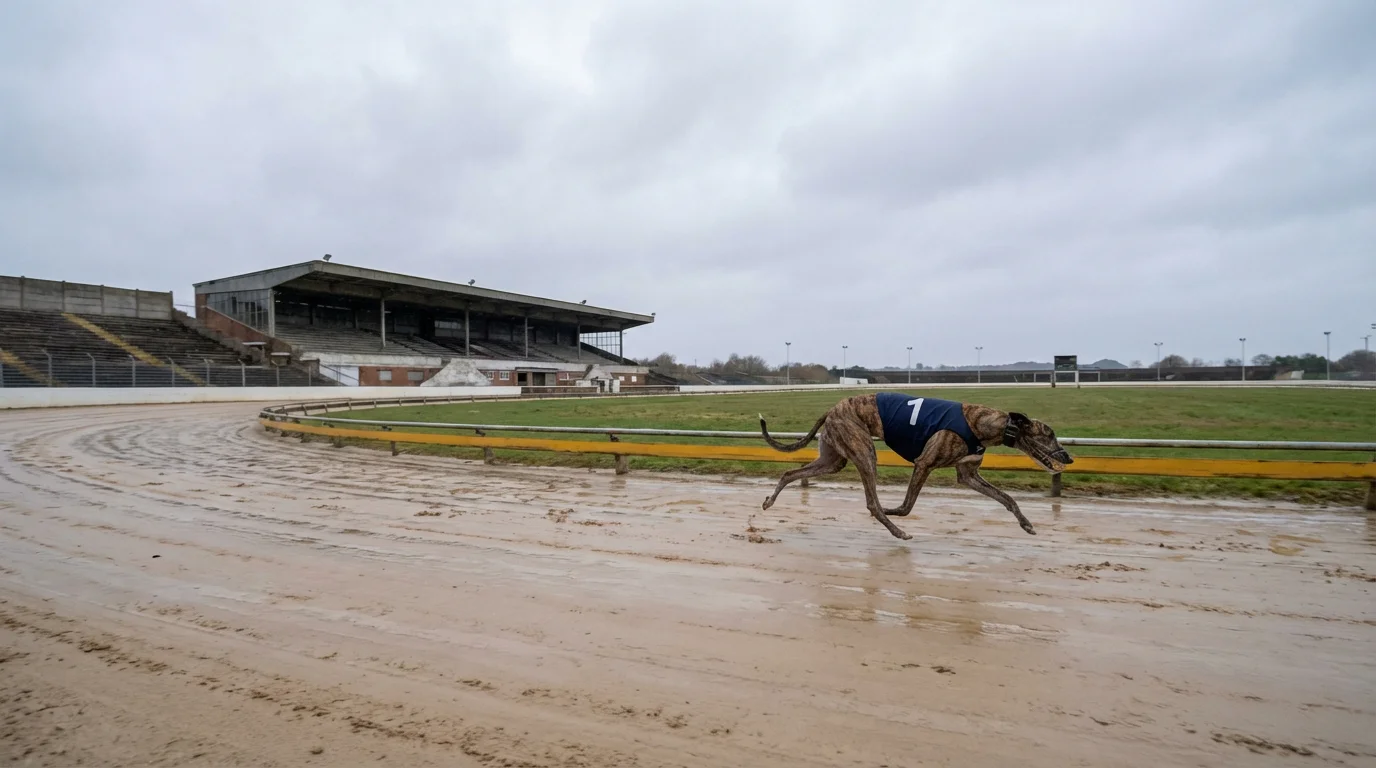 Single greyhound running a solo trial on an empty UK sand track with a timer visible