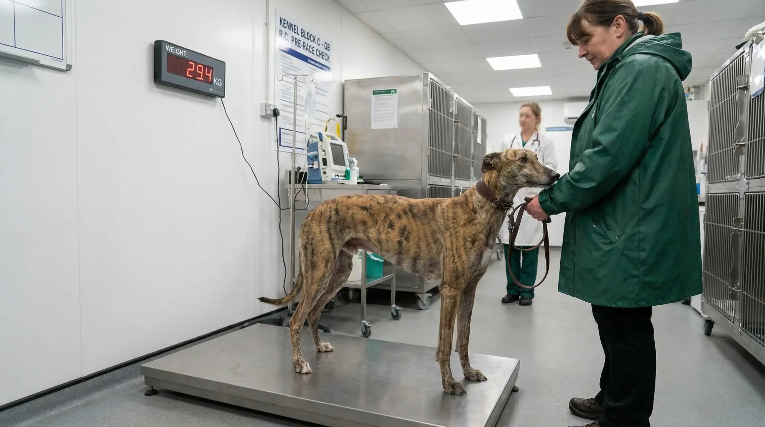 Racing greyhound being weighed on a digital scale before a UK meeting