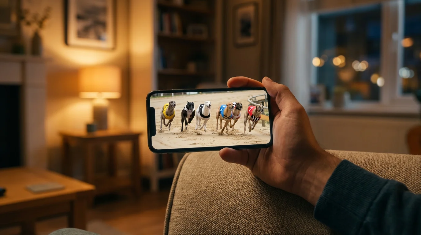 Live greyhound racing stream playing on a mobile phone with a race in progress