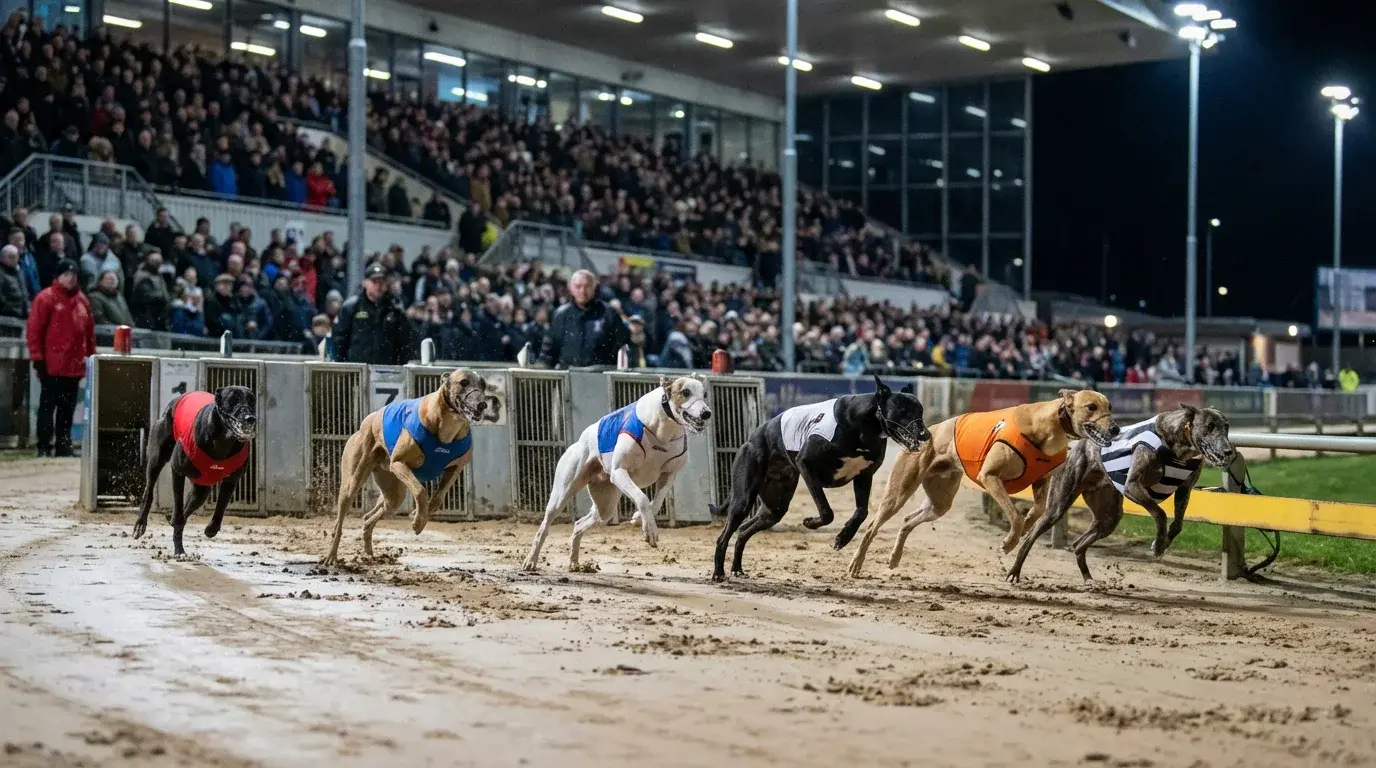 Elite greyhounds racing in an open competition at a floodlit UK stadium