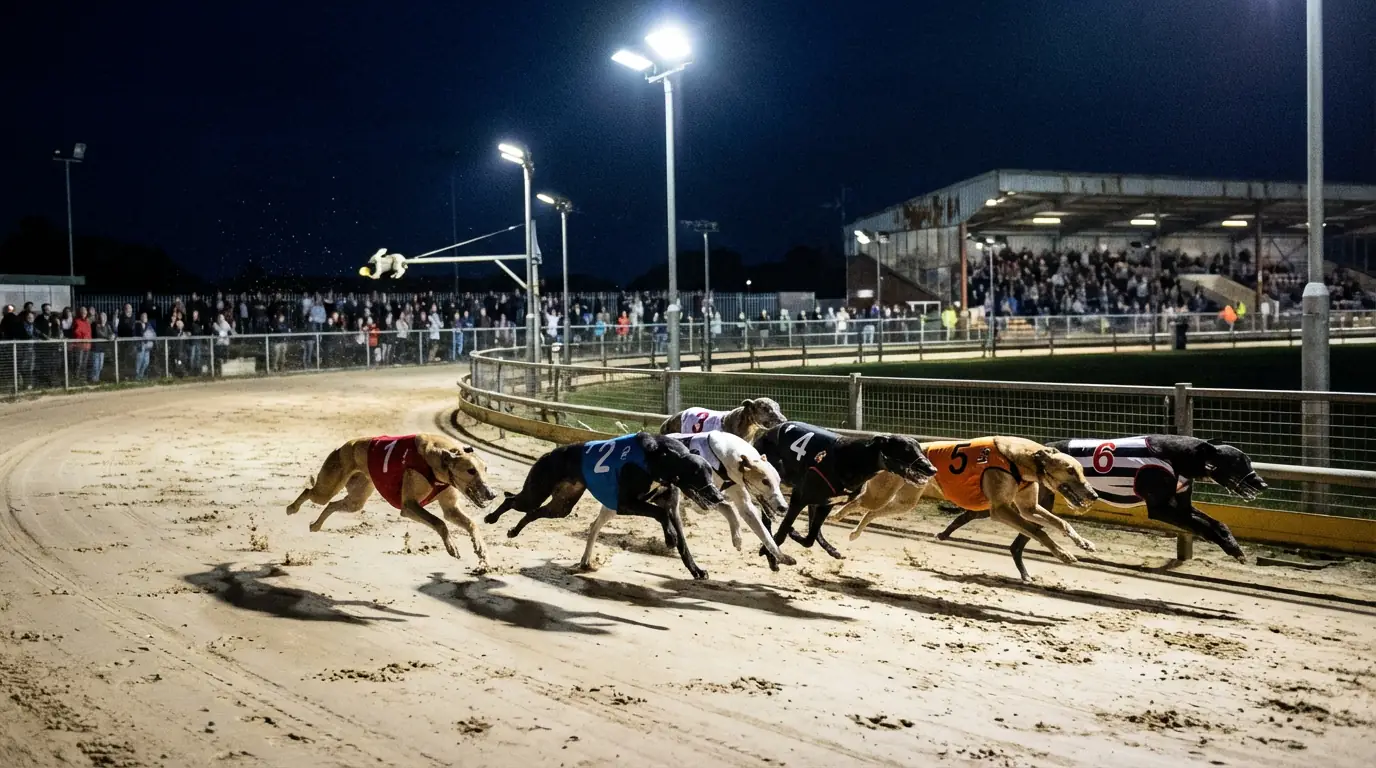 Greyhound racing at a UK stadium with dogs sprinting around the first bend under bright floodlights