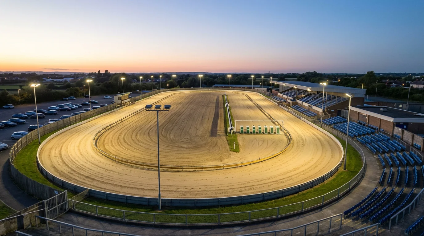 Aerial view of a UK greyhound racing stadium showing the oval sand track and starting traps
